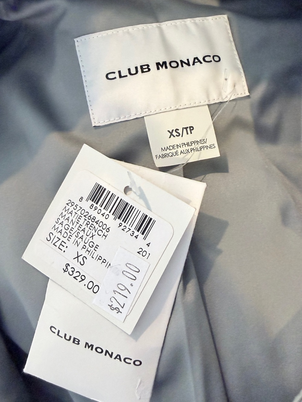 Club Monaco Women's Belted Trench Coat - Light Sage Size XS NWT - Picture 9 of 10